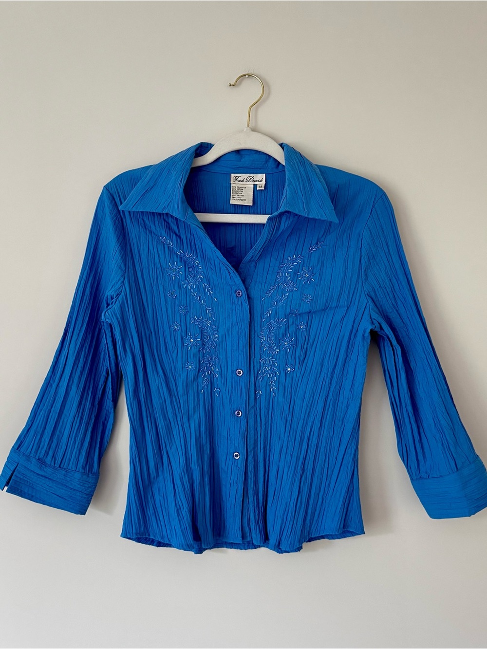 Vintage Fred David Y2K Plissé Beaded Button Down Blouse, Cornflower Blue – Small
